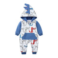 Dinosaur baby bodysuit long sleeve hooded cotton romper in grey, blue, or pink, sizes 66-90 yards