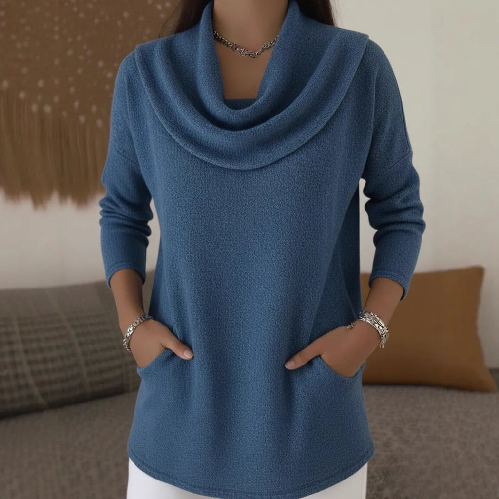 Women's polyester solid colour pocket pullover in blue, medium length long sleeve
