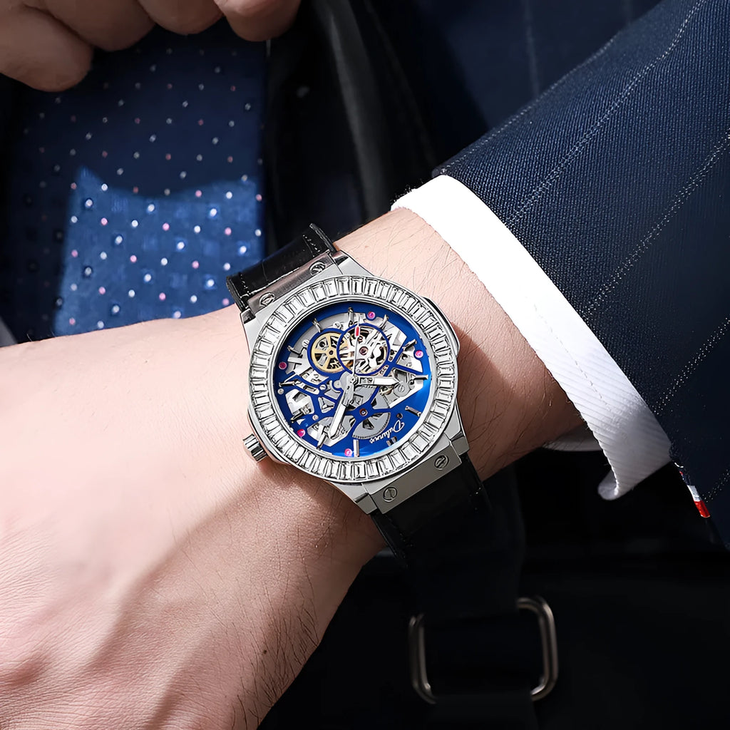 Men's automatic mechanical watch with hollow movement, diamond studs, and white shell case.