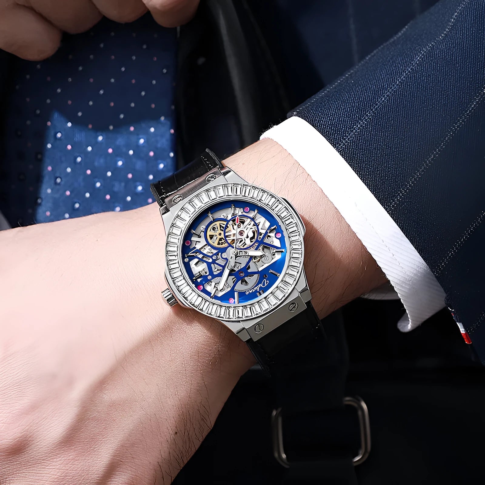 Men's automatic mechanical watch with hollow movement, diamond studs, and white shell case.