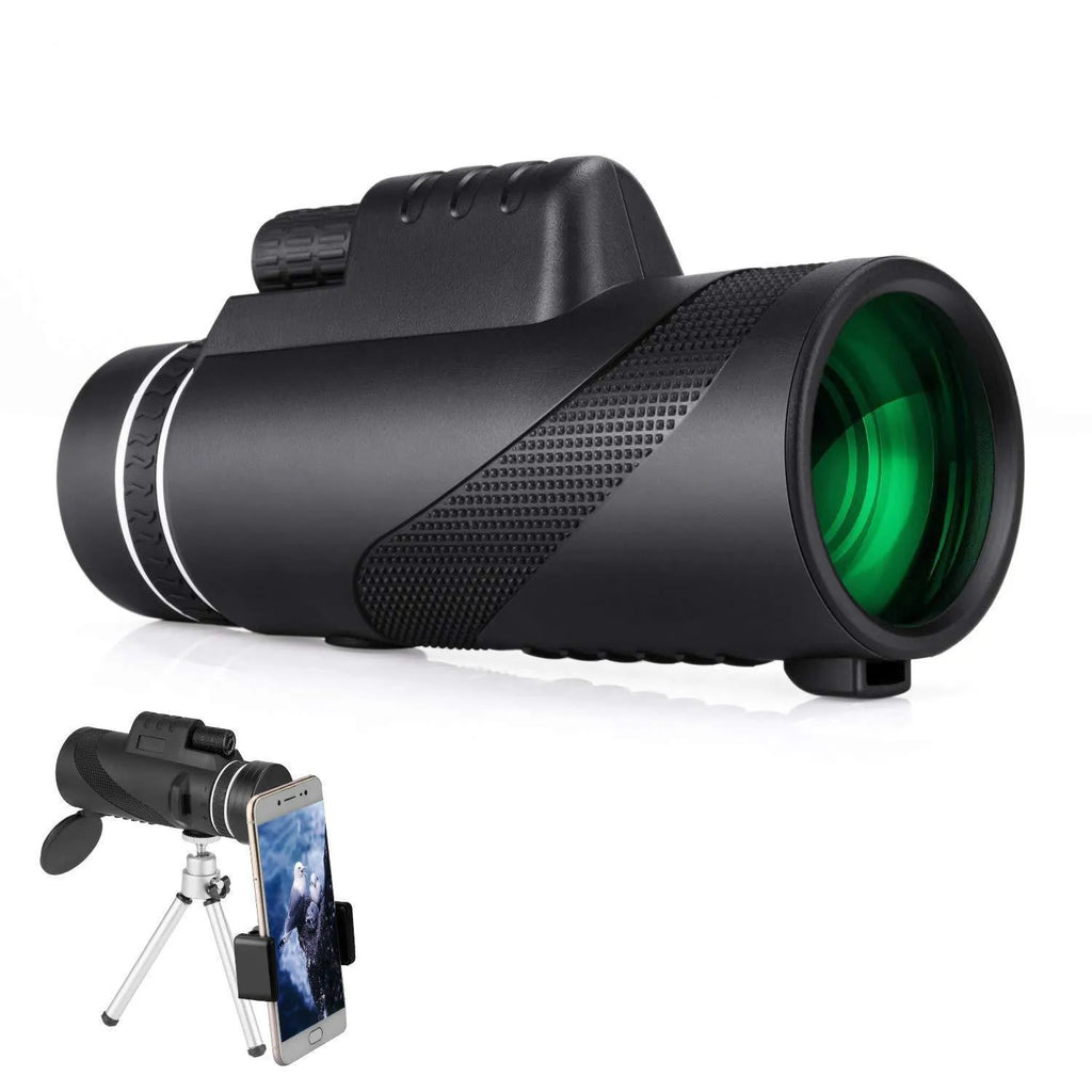 Black 40x60 HD monocular telescope with a 60mm objective lens, shown as a compact handheld device for outdoor viewing.