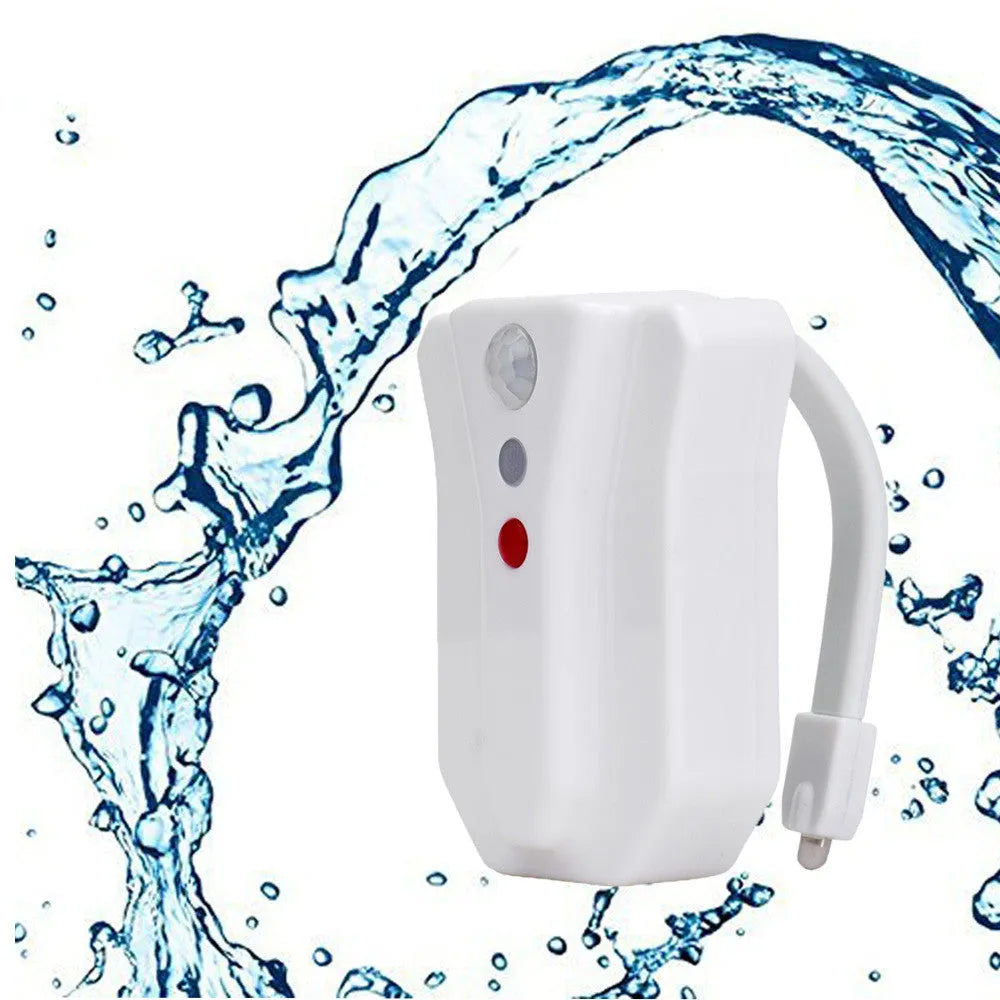 8-colour LED toilet light with motion sensor and flexible stick for night-time bathroom use