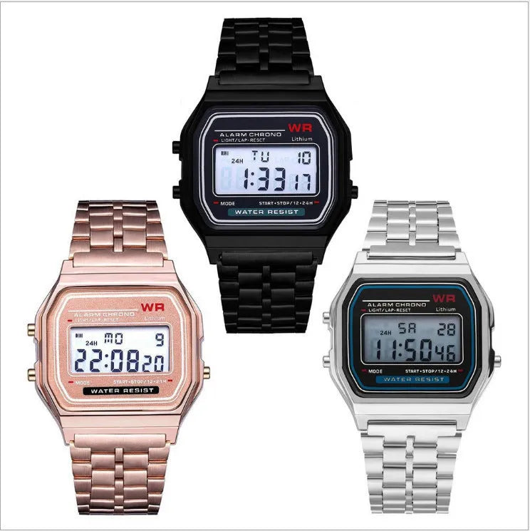 WR F91W electronic watch with stainless steel band and square plastic dial