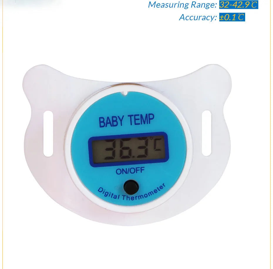 Blue and pink baby pacifier digital thermometer with digital display screen for infant temperature monitoring