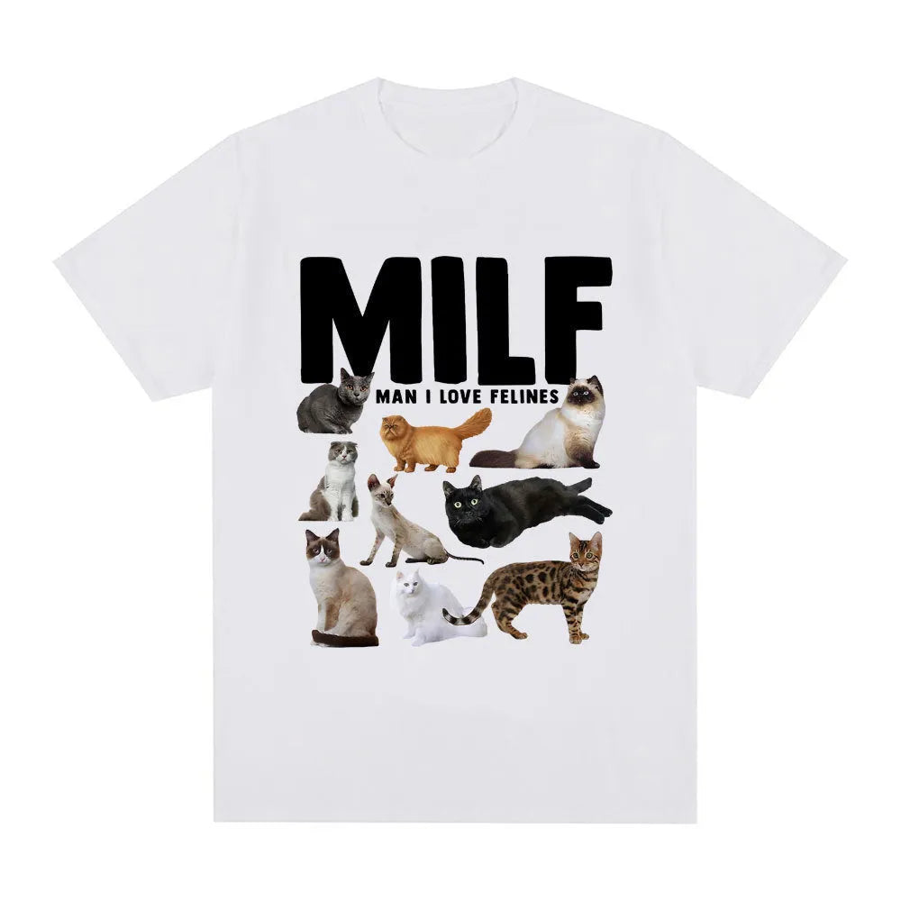 Geometric cat print on a men's casual short sleeve cotton blend t-shirt.