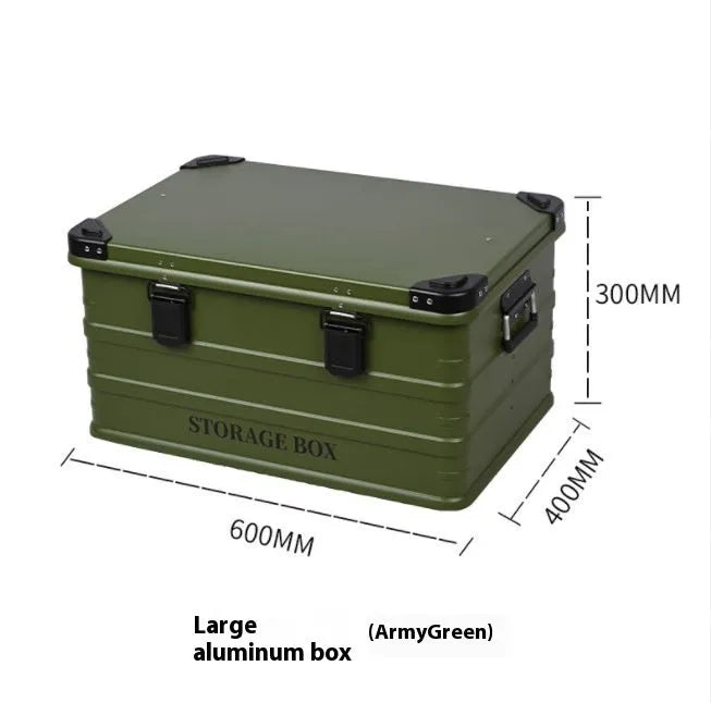 Army Green plastic storage box placed in a vehicle boot for organisation