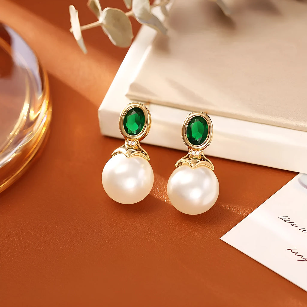 High-grade ruby pearl stud earrings with real gold plating on copper base, geometric round shape, red colour