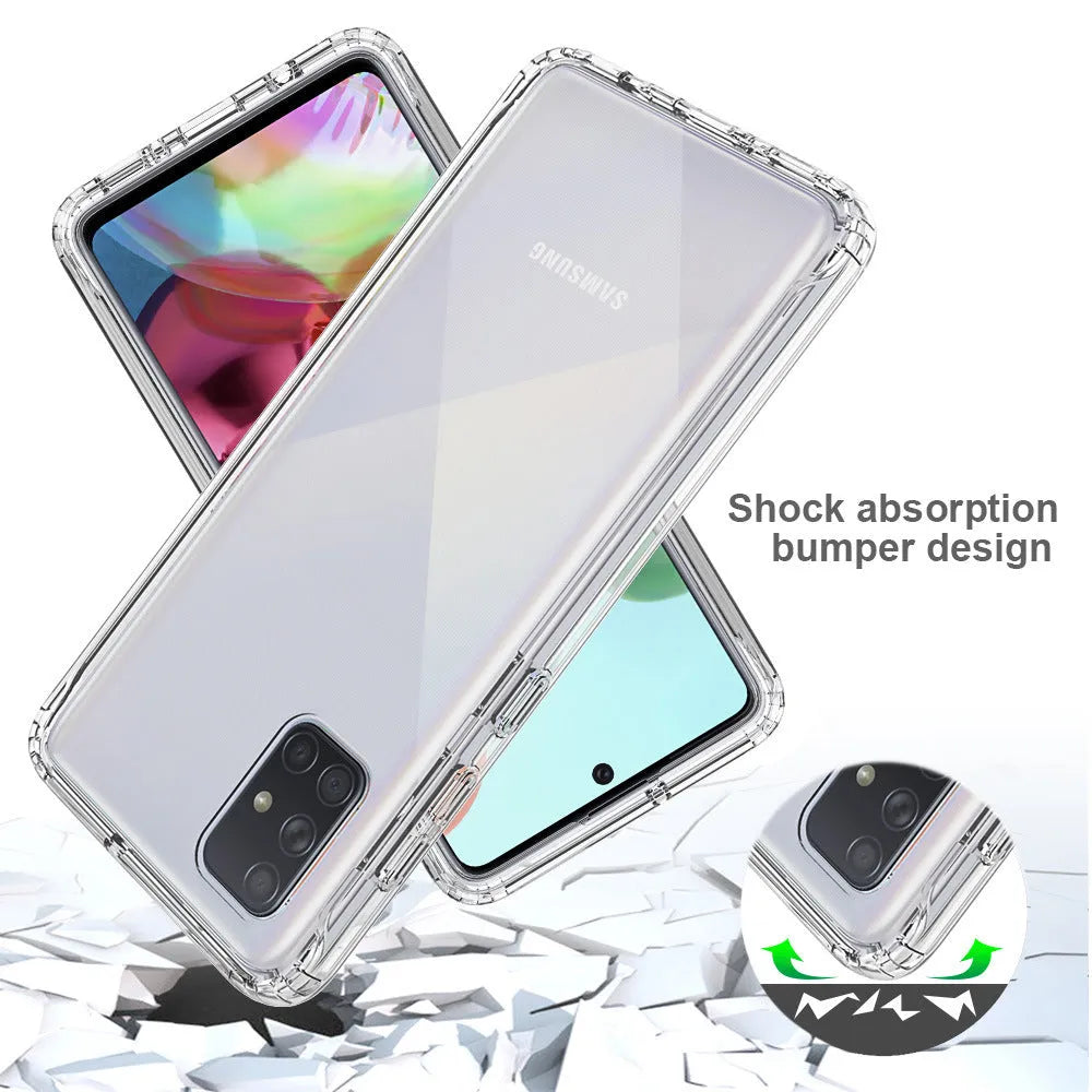 Transparent anti-drop phone case for Samsung Galaxy smartphones showing PC and TPU construction