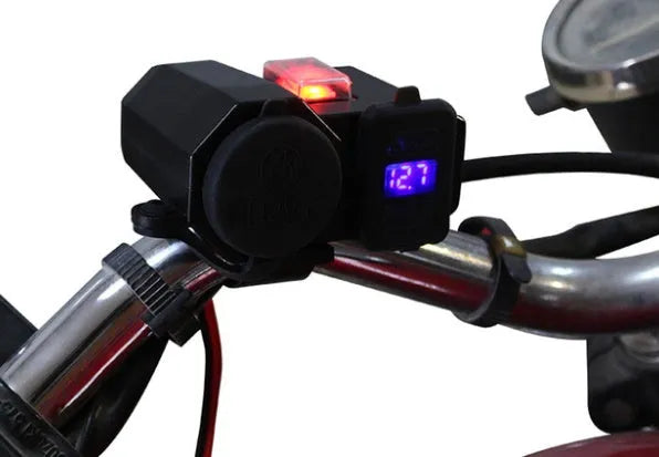 Motorcycle USB waterproof charger dual ports voltmeter model CD-3028 black handlebar mount