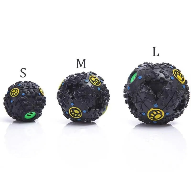 Paw Prime Tricky Treat Ball in blue with a dog playing nearby, available in three sizes
