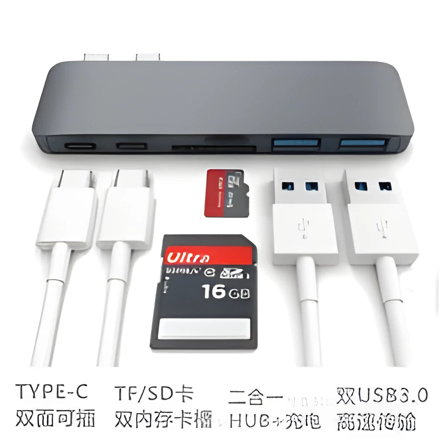 Compact USB-C hub with dual Type-C ports and SD card slot in grey aluminium finish