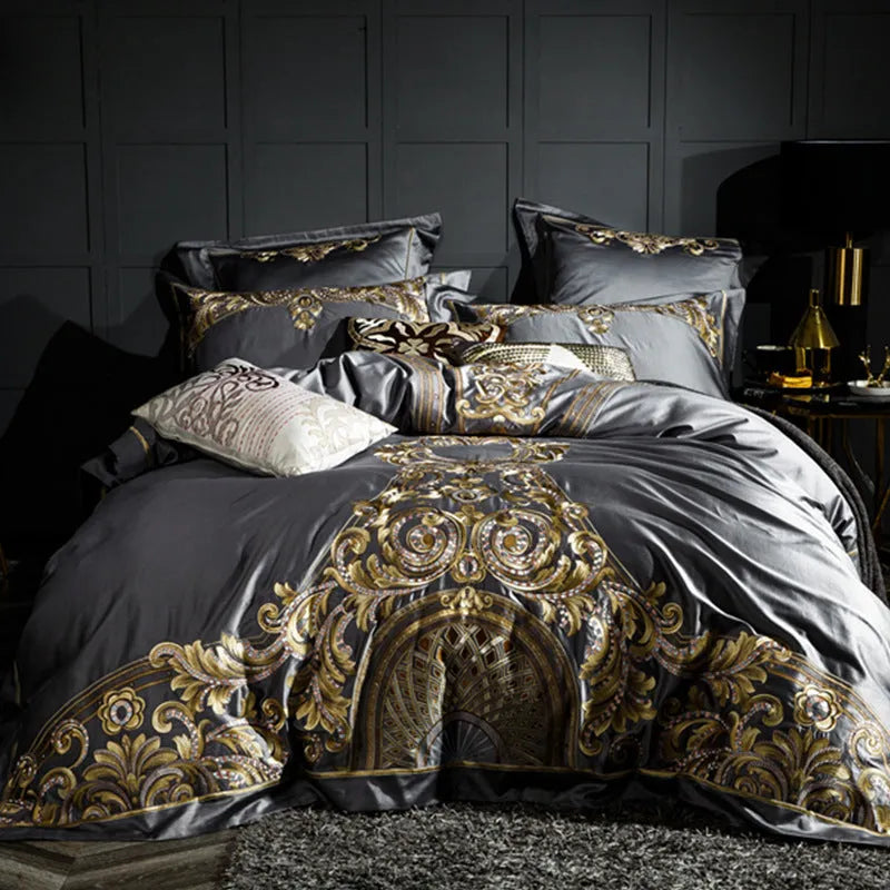 100% cotton embroidered bedding set with duvet cover, bed sheet and pillowcases in grey or red