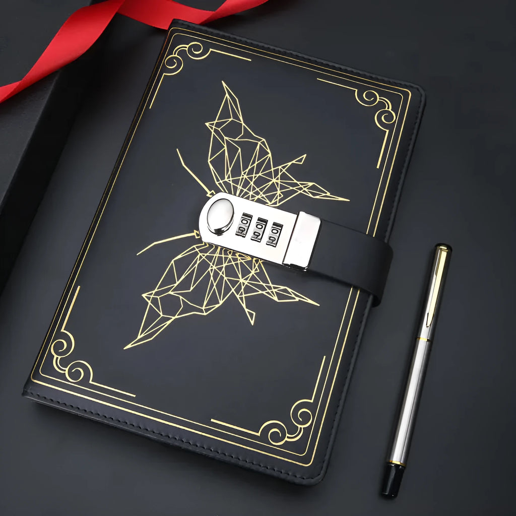 Retro PU leather password lock notebook in blue with A5 size on a desk