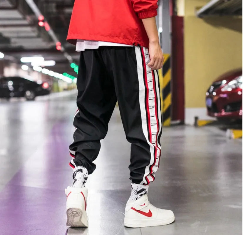 Cotton harem jogger with belt, stripe pattern, black blue nine length pants for men