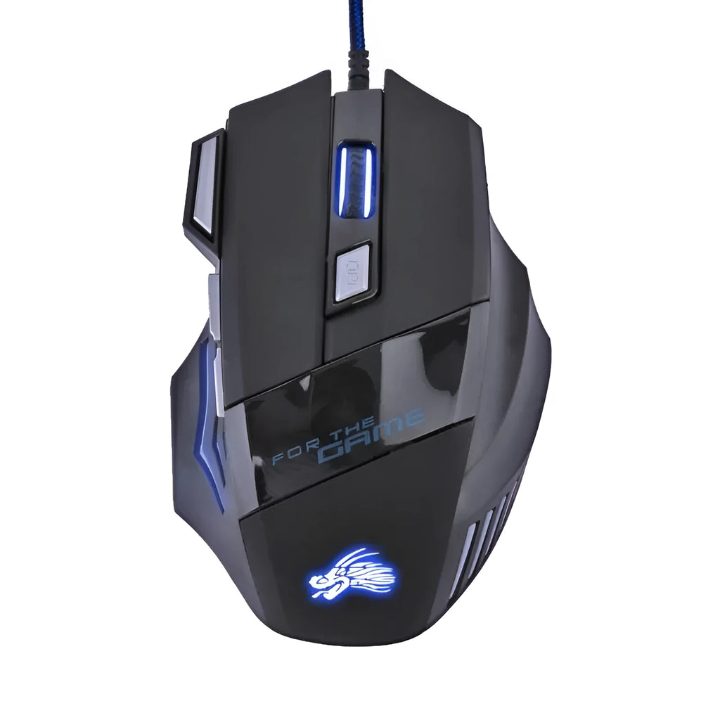 Black wired USB gaming mouse with Tyrannosaurus Rex design, six buttons, and colourful LED light on a desk