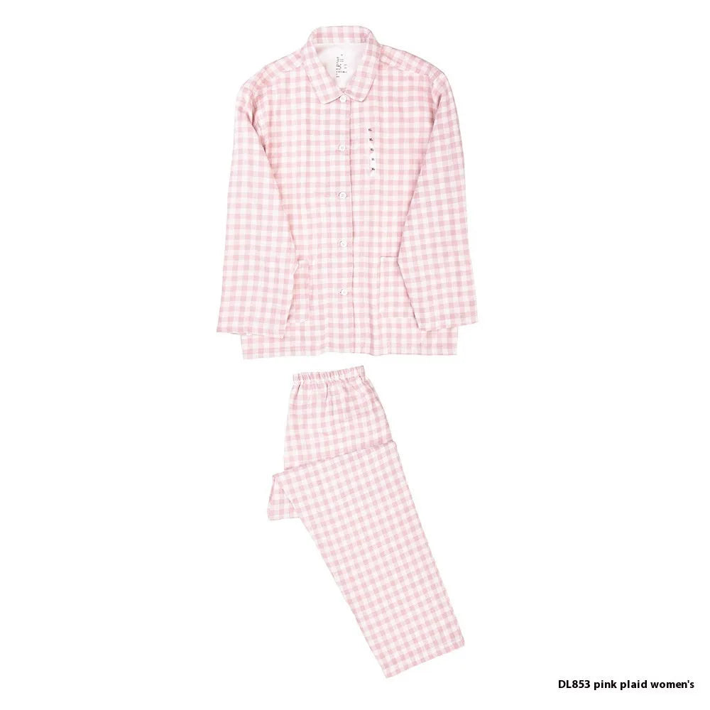 Double-layer cotton yarn pajama set in plaid design for men and women, includes top and trousers in multiple colours