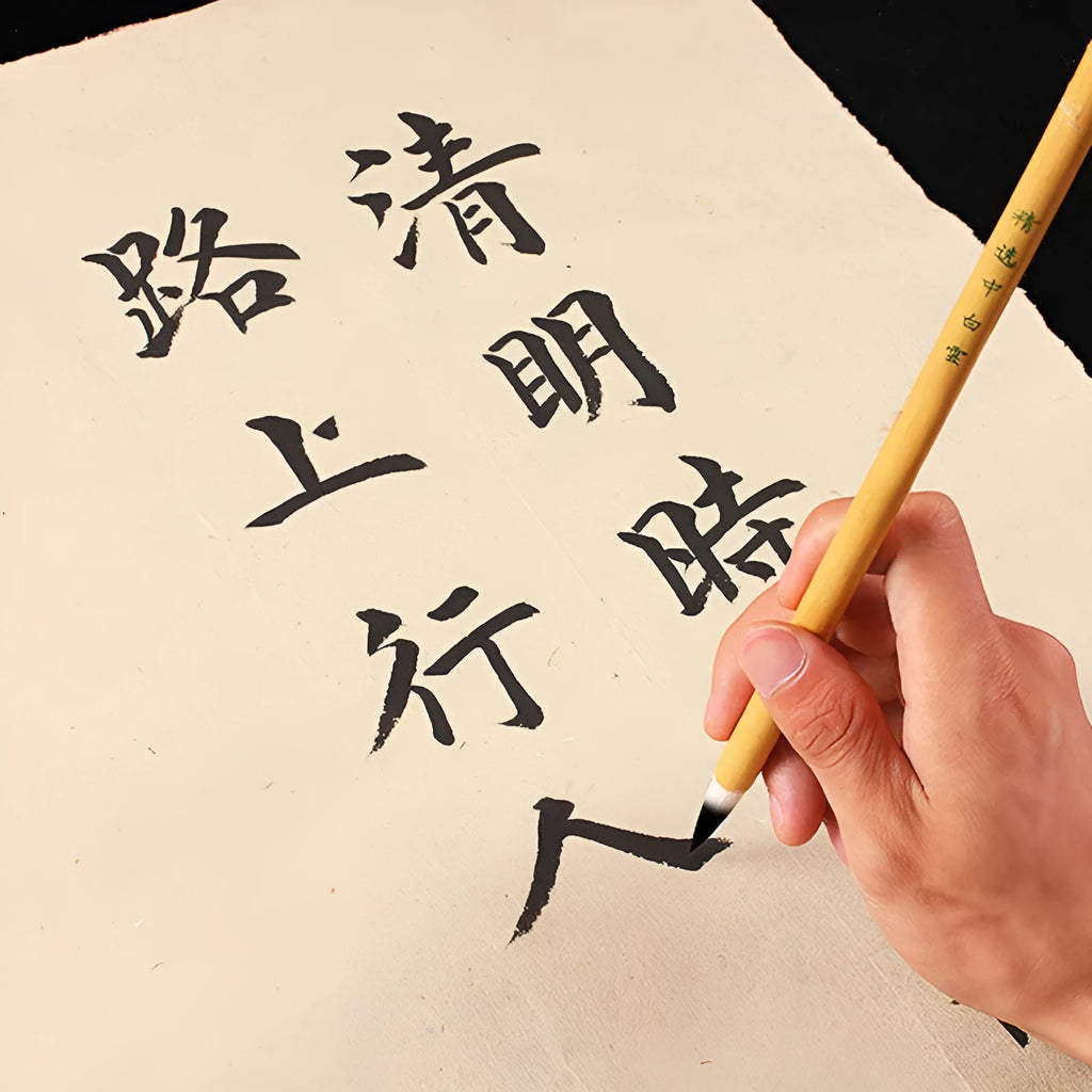 Chinese painting brush set with Yang Hao Jia Jian nib and bamboo handle in three sizes laid on table