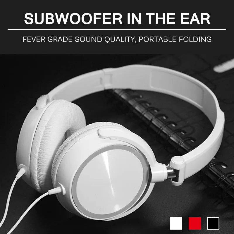 Black foldable wired over-ear headphones with an adjustable headband and a 3.5mm plug.
