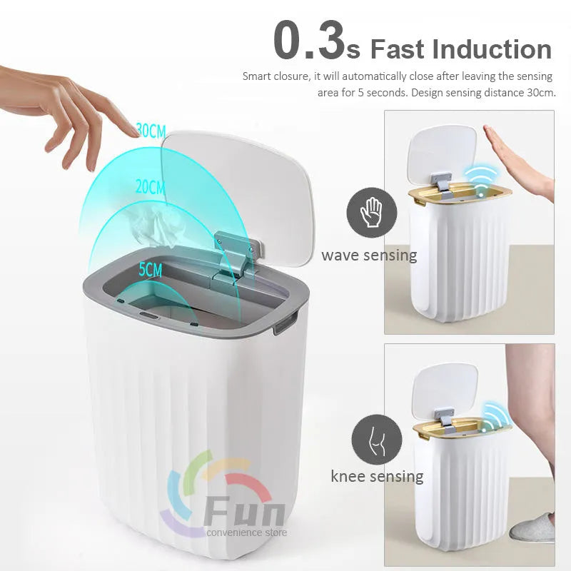 White induction smart trash can with automatic lid on a kitchen floor.