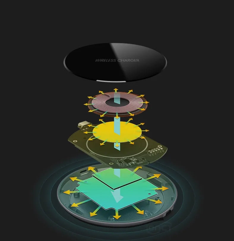 Black QI wireless charging pad with a smooth plastic surface and silicone non-slip base.
