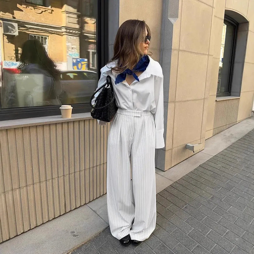 White striped loose wide-leg trousers with front zipper closure for commuting and workwear
