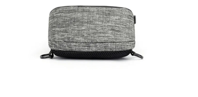 Dark blue Oxford cloth waterproof chest bag with zipper and outer pocket, shown with a phone inside.