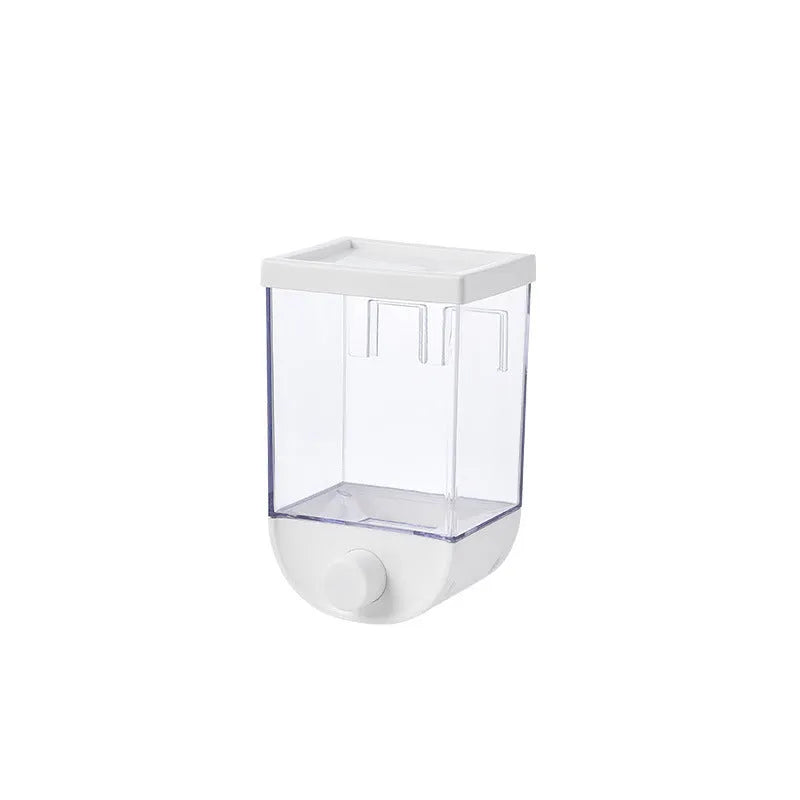 White wall-mounted transparent kitchen food storage container with dispenser lid for cereal and dry goods