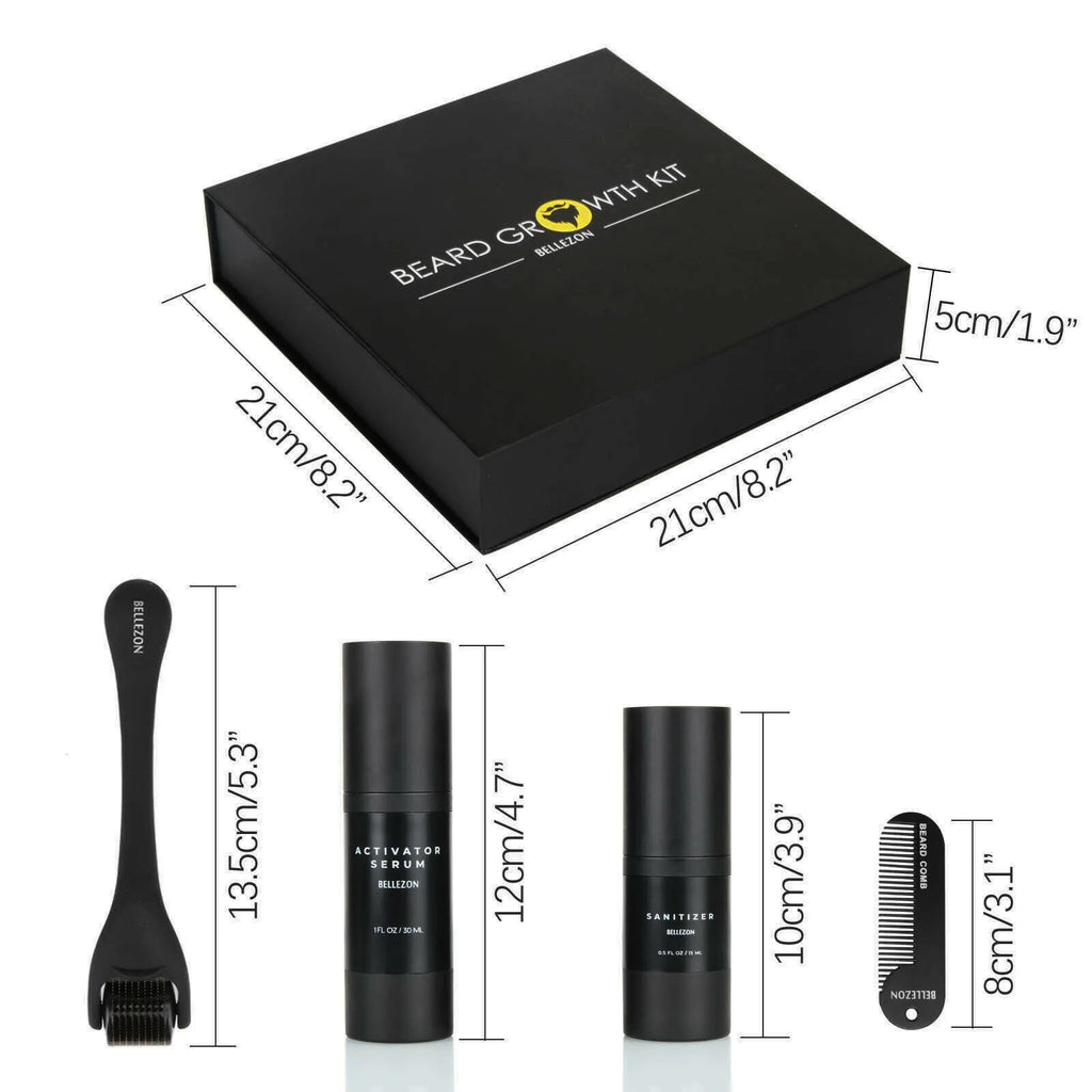 Black beard care kit with titanium alloy micro-needle roller, zinc alloy comb, 30ml growth essence and 15ml disinfectant, 21.2cm x 21cm x 4.9cm