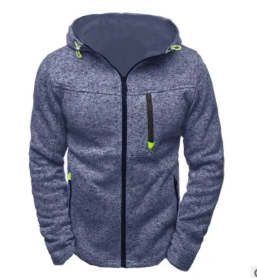 Men's grey hoodie with zip closure, hood, and O-neck collar, polyester cotton blend, sizes M to XXXL