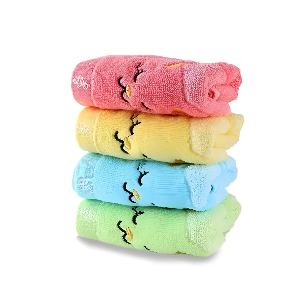 Bamboo fiber kitten face bath towels set of four colours blue green pink yellow 25x50cm