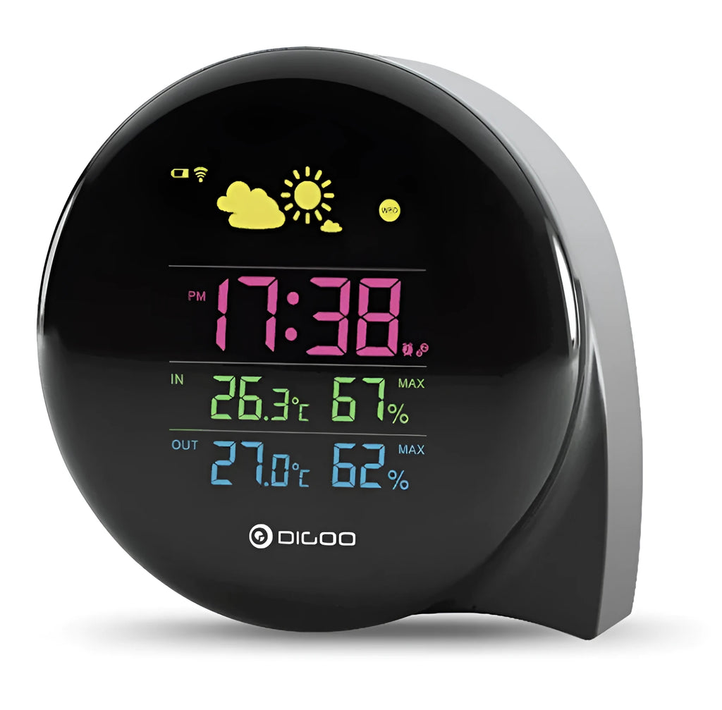 Black wireless weather forecast clock with outdoor sensor showing temperature and humidity on colour LED display