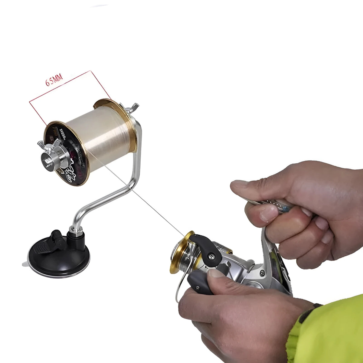 Silver aluminium fishing line spooler with suction cup base, adjustable tensioner, and anti-twist spool holder