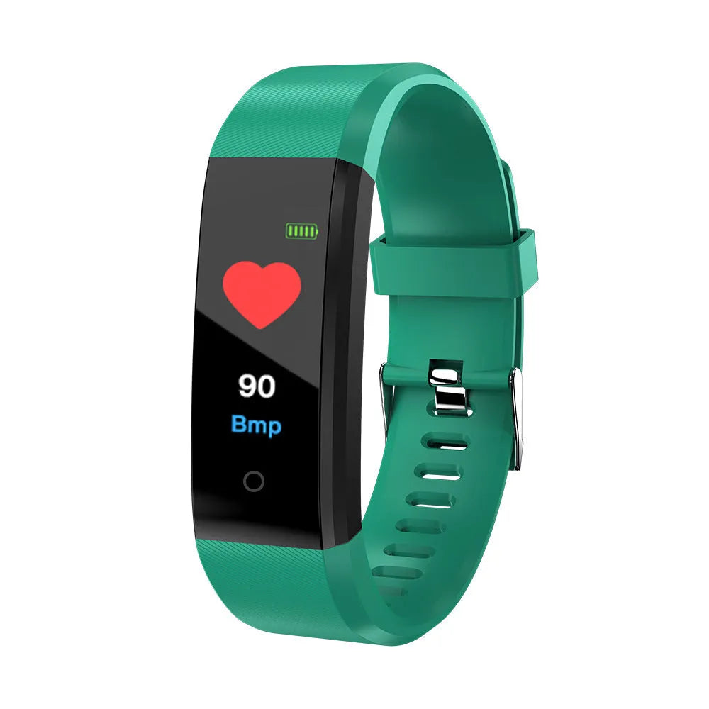 Screen Smart Wristband 115plus fitness tracker with colour LED touch screen on wrist showing heart rate