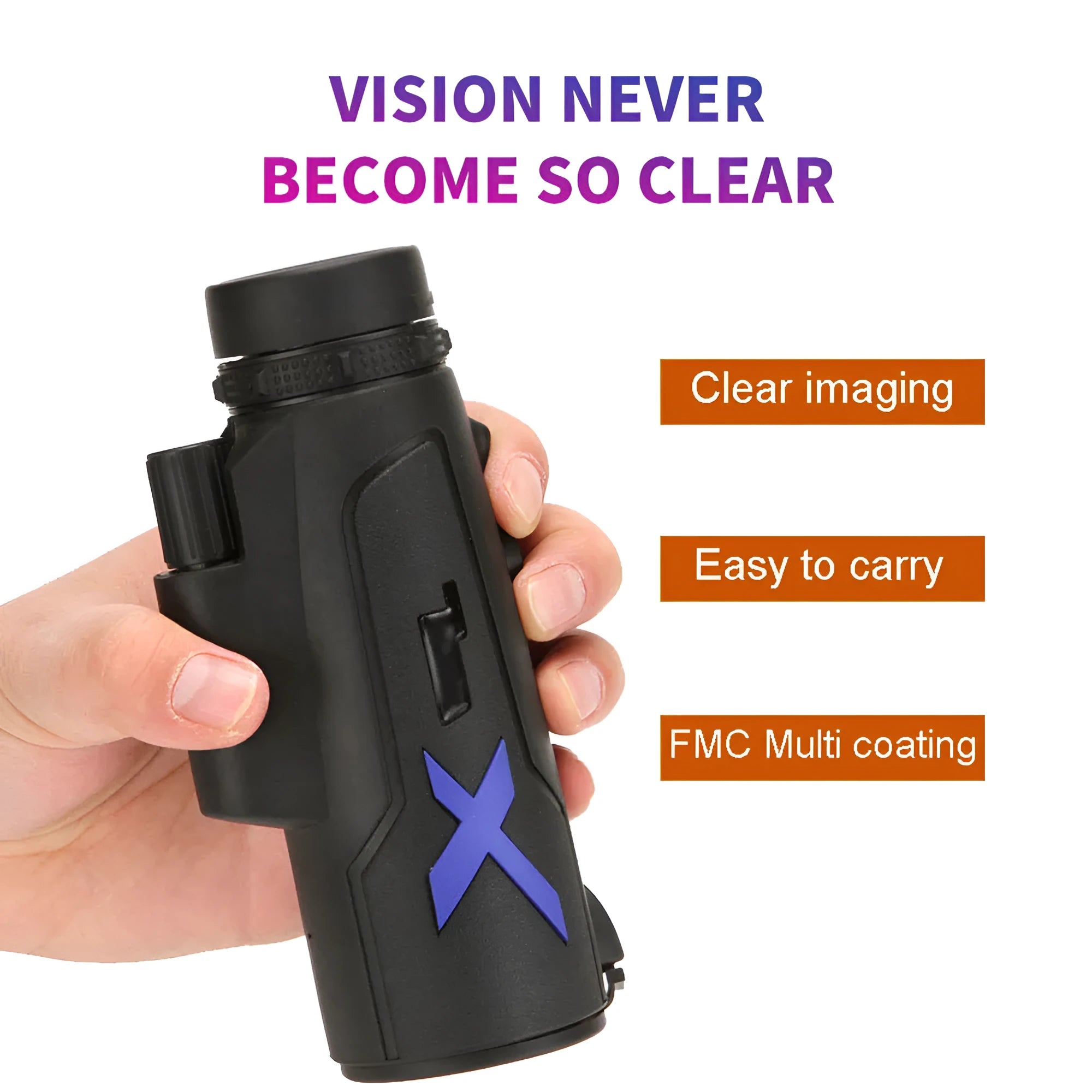 Black 20x50 monocular telescope with 12x magnification for outdoor use