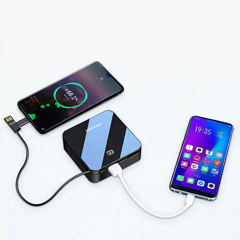 Mini 20000mAh black power bank with integrated cable and LCD screen display on a white background