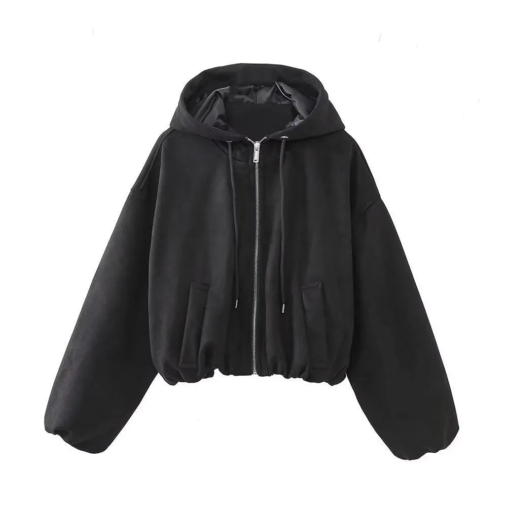 Women's suede hooded casual jacket in white or black colour with Asian sizing