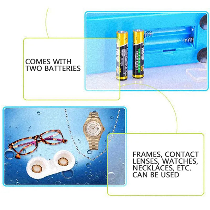 Analog ultrasonic cleaner in blue plastic casing with battery compartment and suction cups for cleaning glasses and contact lenses