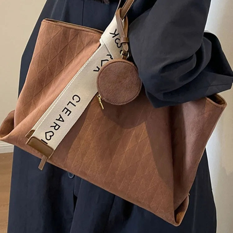 Soft polyester large capacity casual tote shoulder bag in a horizontal square shape with a zip pocket, shown in one of four colours.