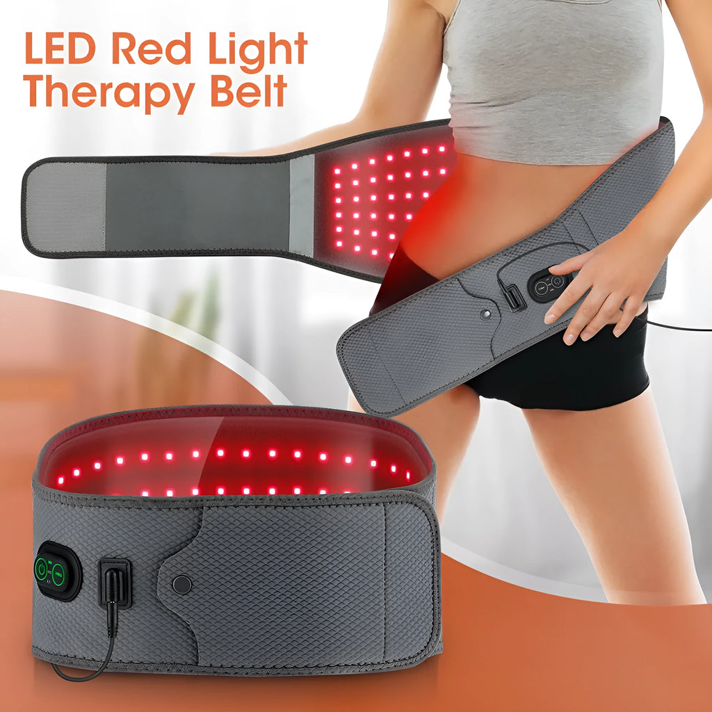 Grey neoprene electric waist therapy belt with red light beads and multiple plug types