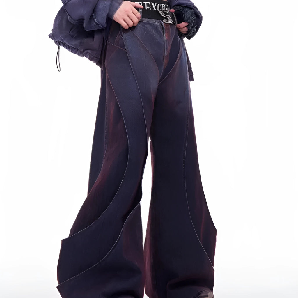 Men's wide leg gradient flocking jeans in Wine Red with brushed interior for autumn winter