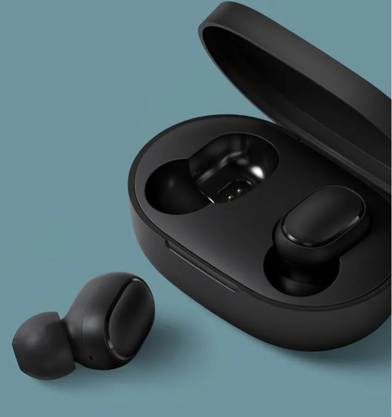 Redmi AirDots 2 black true wireless earbuds and charging case on a white background.