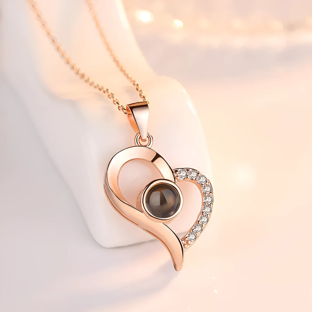 925 silver projection colour photo heart necklace with rose gold finish and chain, 20.5x16.3mm pendant