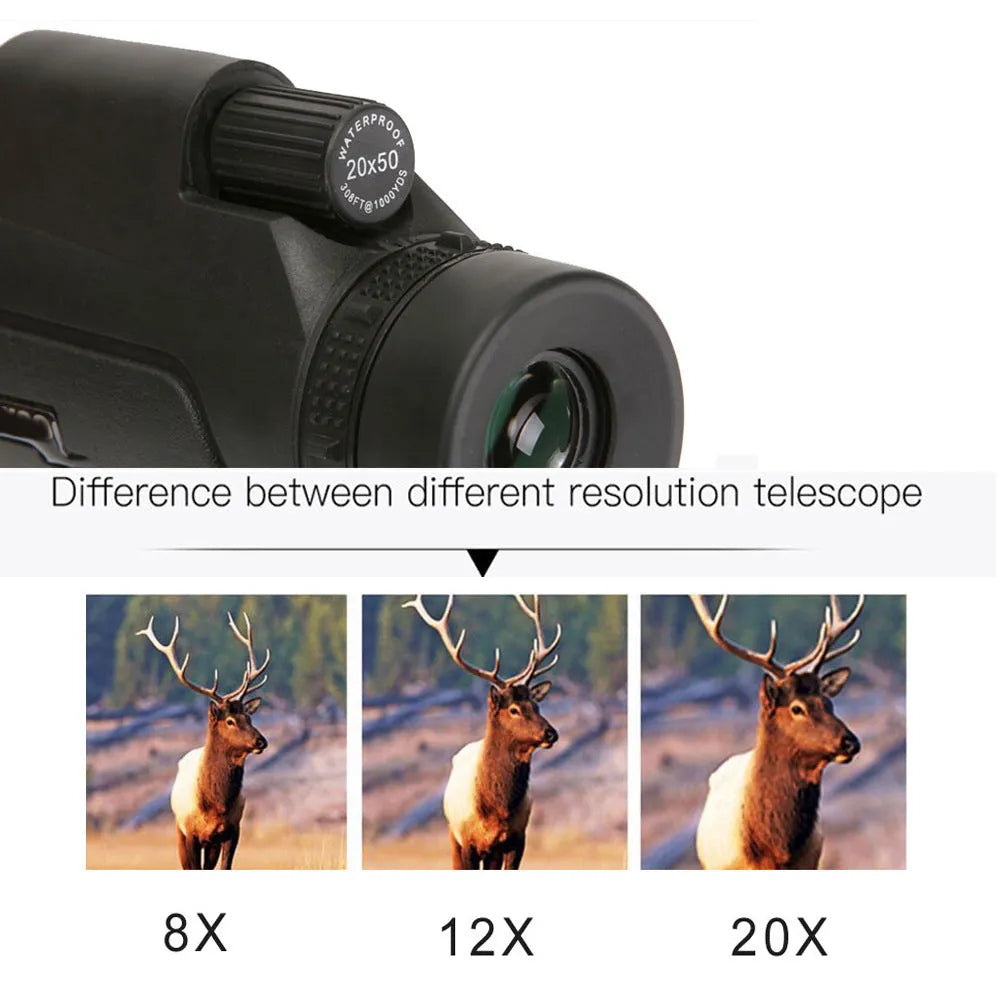 Black 20x50 monocular telescope with 12x magnification for outdoor use