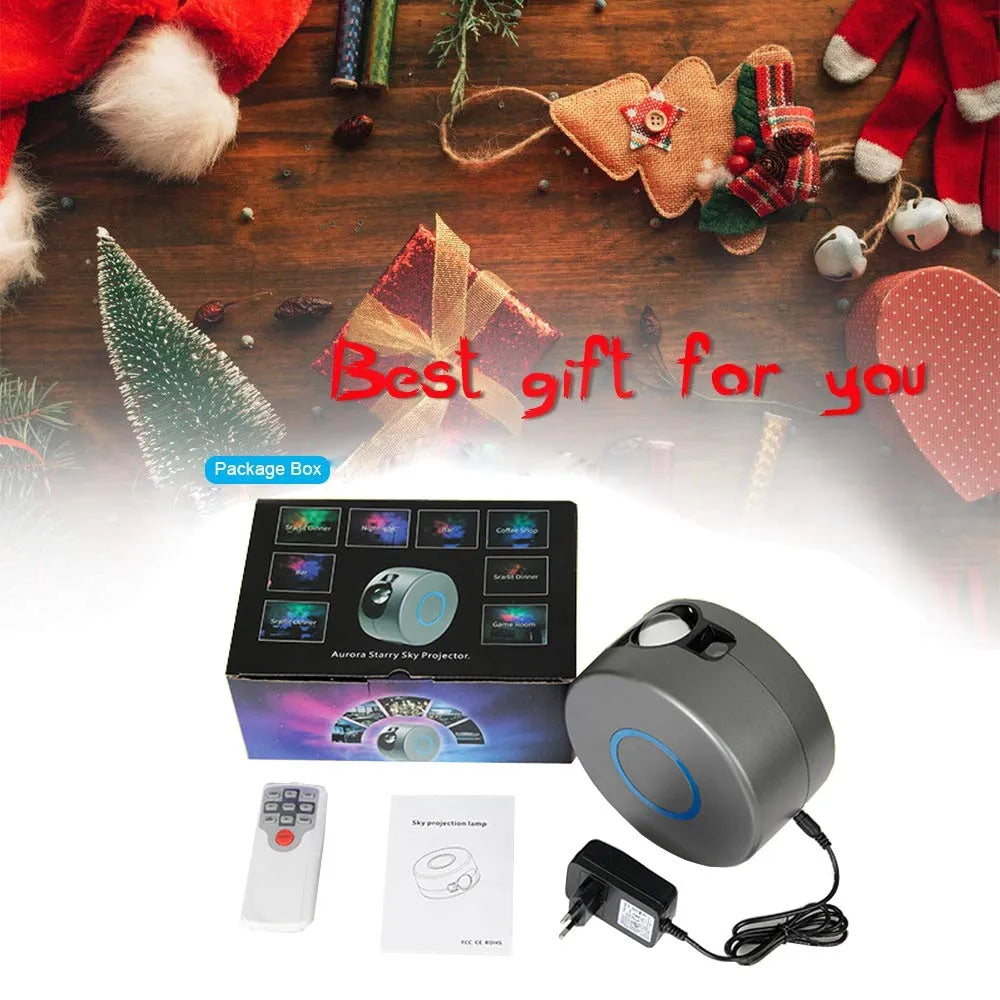 Galaxy starry sky projector rotating night light with remote control showing 7 colour projections on a bedroom ceiling