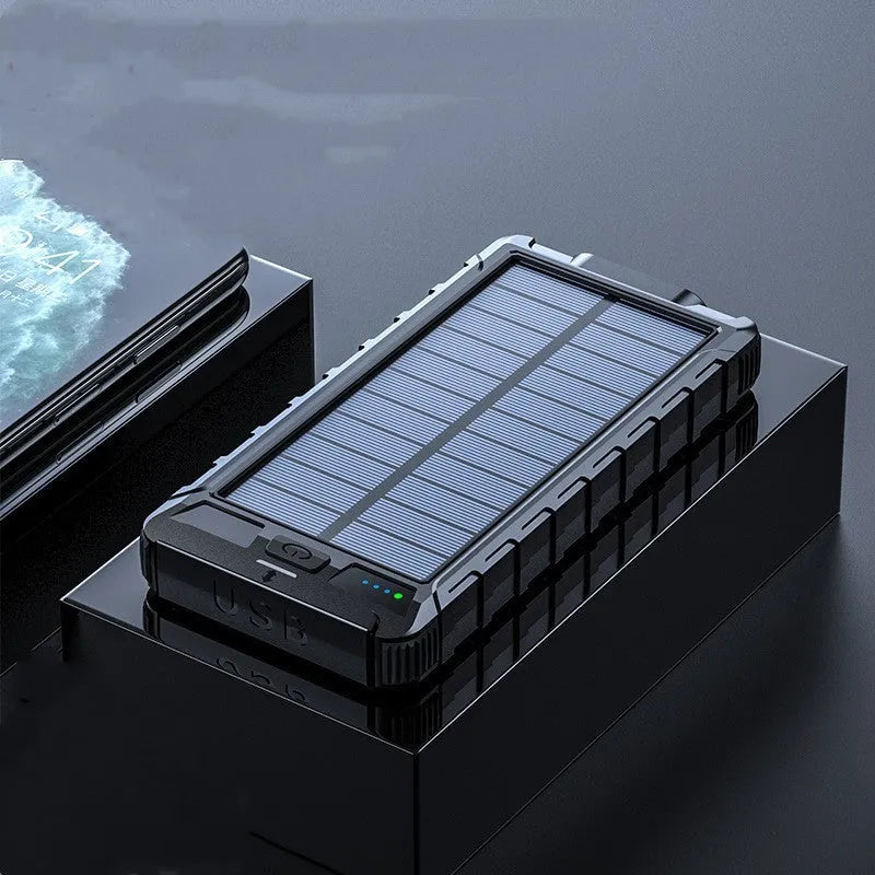 Solar wireless power bank, 20000 mAh, PD fast charging, alloy shell, 138 x 76 x 19 mm, in black, blue, green, or yellow.