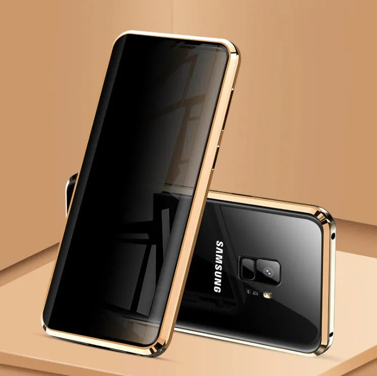 Black clamshell anti-peeping magnetic phone case for Samsung Galaxy shown open and closed.