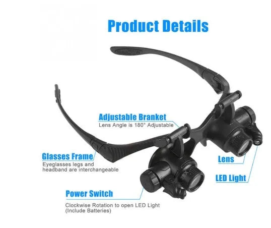 Black double eye magnifier glasses with LED lights and multiple lenses for hands-free watch and electronic repair.