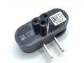Black folding US plug travel adapter showing plug in both straight and folded positions