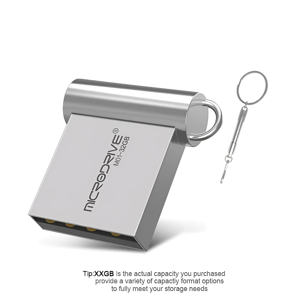 Mini metal USB flash drive with USB 2.0 interface, shown in black or silver and available from 4GB to 128GB.