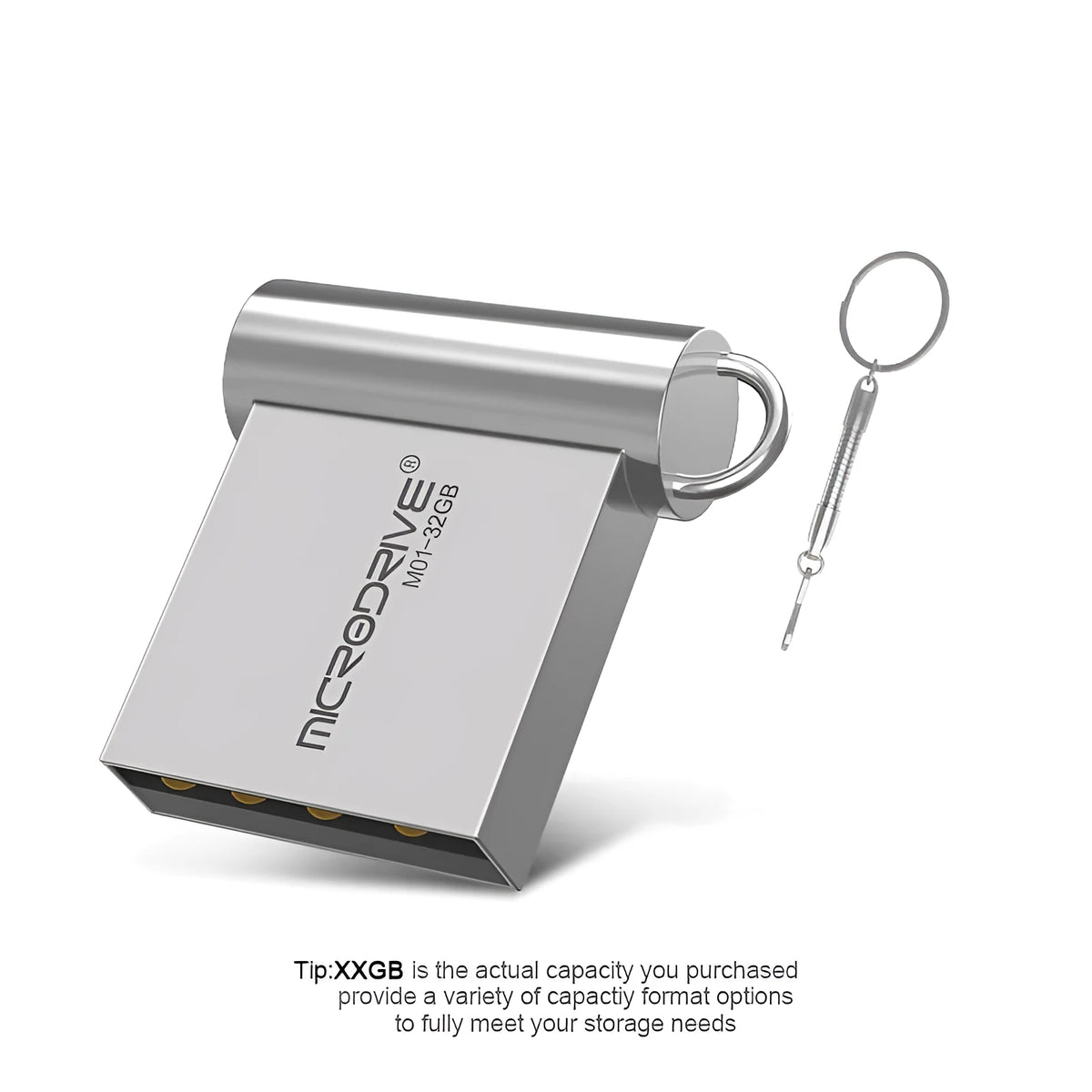 Mini metal USB flash drive with USB 2.0 interface, shown in black or silver and available from 4GB to 128GB.